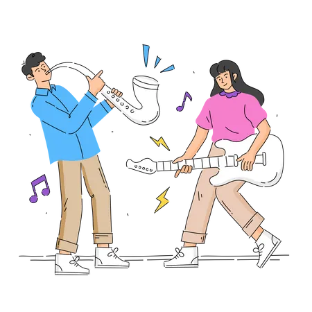 Man with saxophone and woman with guitar  イラスト