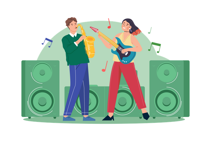 Man With Saxophone And Woman With Guitar  イラスト