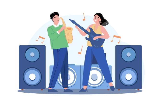 Man With Saxophone And Woman With Guitar  イラスト