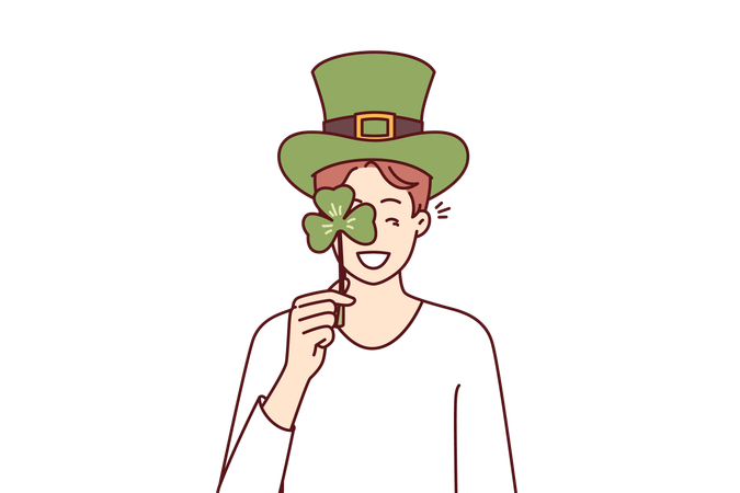 Man with St Patrick Day celebration accessories wearing green hat and covering eye with clover petal  イラスト