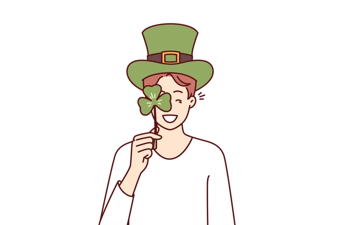 Man with St Patrick Day celebration accessories wearing green hat and covering eye with clover petal  イラスト