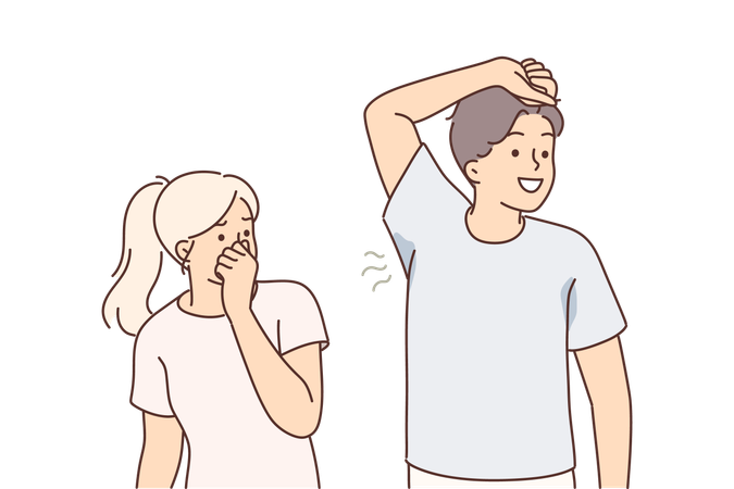 Man with sweaty armpit emitting unpleasant odor near woman who is disgusted and pinches nose  Illustration