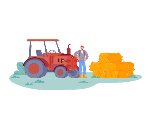 Man with tractor gathering hay in haystack  Illustration