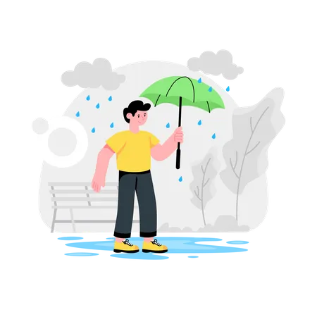 Man With Umbrella in Rainy Day  Illustration