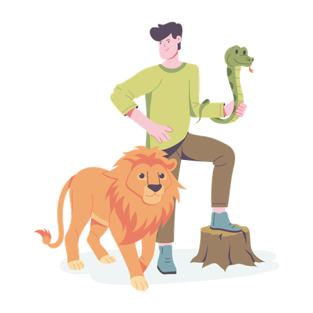 Man with Wildlife animals  Illustration