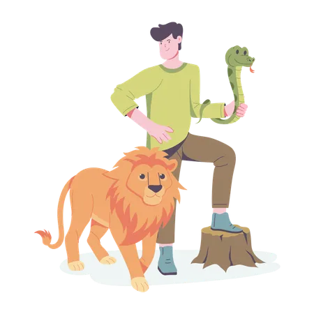 Man with Wildlife animals  Illustration