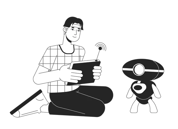 Man with wireless console testing robot  Illustration