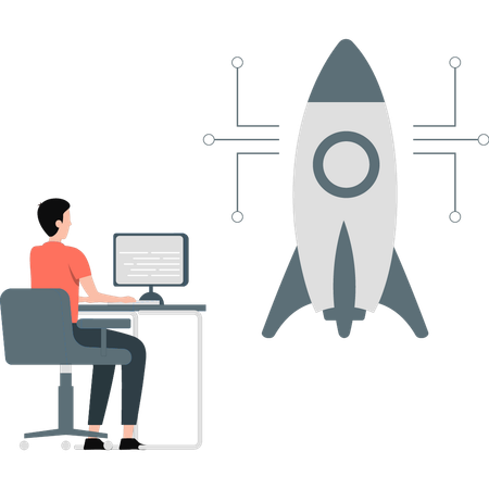 Man working computer information rocket launch  Illustration