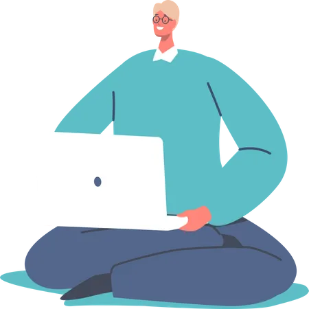 Man working from home while sitting on floor  Illustration