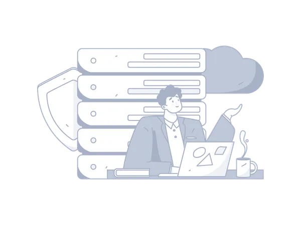 Man working on cloud server security  Illustration