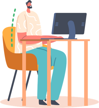 Man working on computer with Correct Sitting Position  Illustration