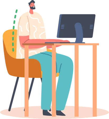 Man working on computer with Correct Sitting Position  Illustration