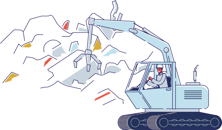 Man Working On Junkyard On Crane With Open Claw Sorting Piles Of Scrap Metal  イラスト