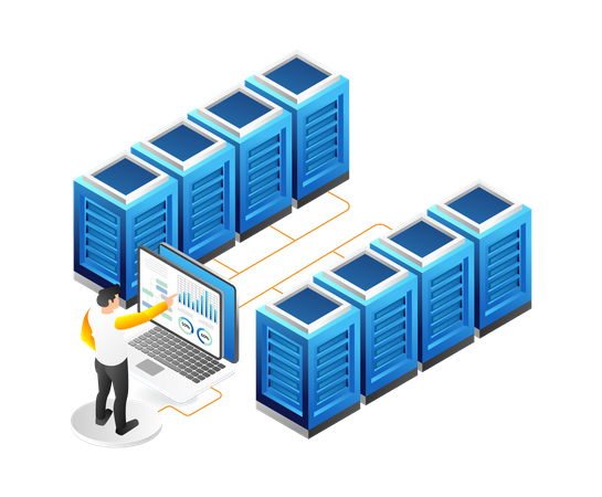 Man working on Multi-server analysis data  Illustration