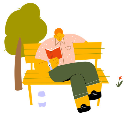 Mann liest Buch, während er im Park sitzt  Illustration