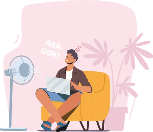 Mann sitzt im Sommer vor einem Tischventilator  Illustration