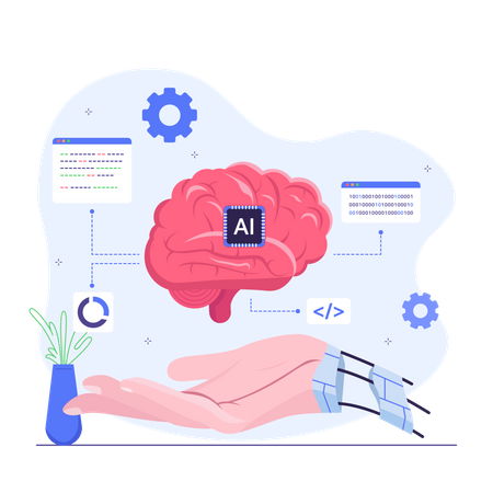 Mano cyborg con cerebro de inteligencia artificial  Ilustración