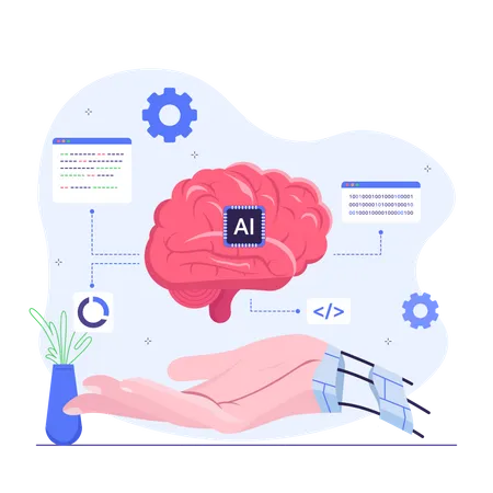 Mano cyborg con cerebro de inteligencia artificial  Ilustración