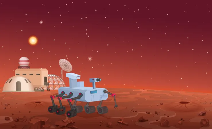 Mars robot working at mars facility  イラスト