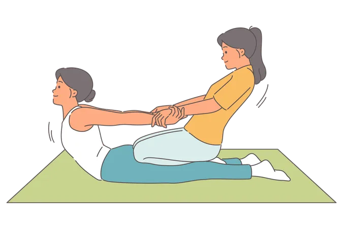 Massage thaïlandais pour femme allongée sur le sol d'une masseuse tirant les mains du patient pour redresser la colonne vertébrale  Illustration