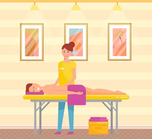 Masseuse working with back of client in spa salon  Illustration