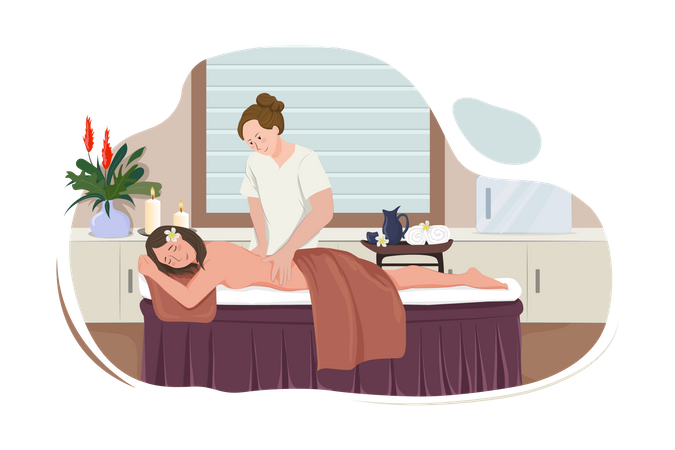 Massothérapeute donnant un massage exotique à une femme souriante heureuse  Illustration