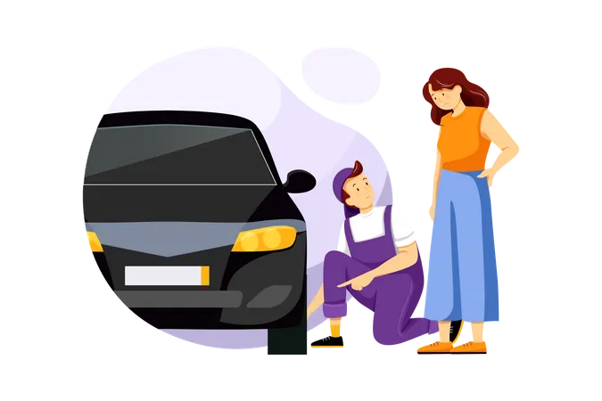 Mechanic checking tyre air pressure and female owner standing  Illustration