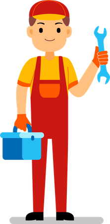 Mechanic holding toolbox and screwdriver  イラスト