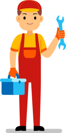 Mechanic holding toolbox and screwdriver  イラスト