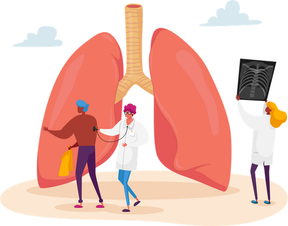 Médecin tenant une image radiographique des poumons apprenant la fluorographie d'un patient asthmatique  Illustration