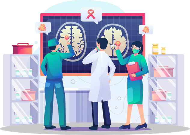 Médecins analysant le cerveau à la recherche de tumeurs ou de problèmes en laboratoire  Illustration