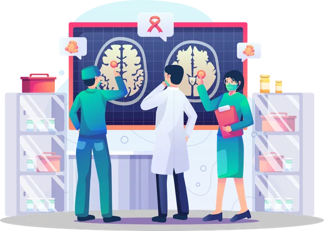 Médecins analysant le cerveau à la recherche de tumeurs ou de problèmes en laboratoire  Illustration