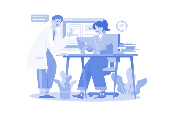 Medical Assistant Checking Medical Data In Computer  Illustration