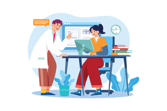 Medical assistant checking medical data in computer  Illustration