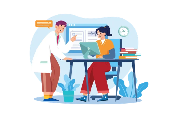 Medical assistant checking medical data in computer  Illustration