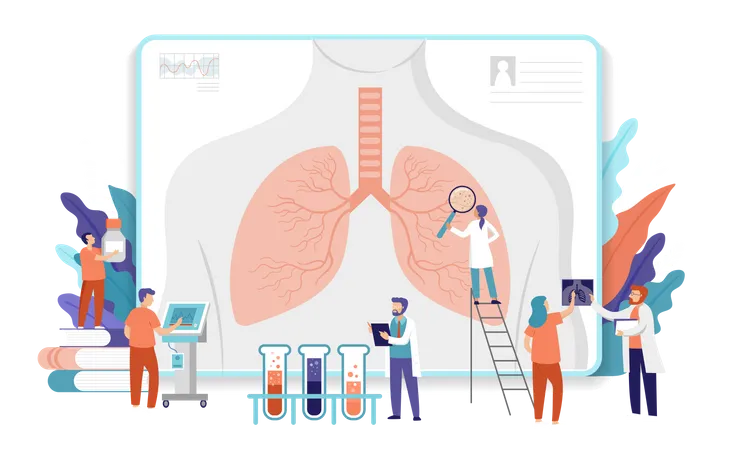 Medical research team doing research on lungs  일러스트레이션