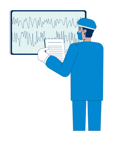 Médico con bata analizando datos de ondas cerebrales en un monitor  Ilustración