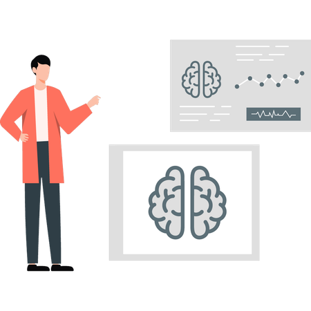 Informe del médico señalando el cerebro humano  Ilustración