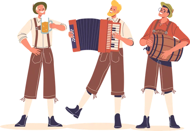 Men Dressed in Traditional German Costumes Enjoying Traditional Festival  Illustration