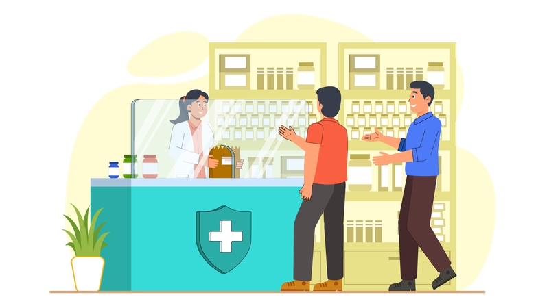 Men going to drugstore to purchase medicines  Illustration