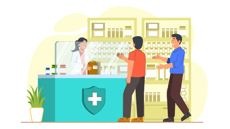 Men going to drugstore to purchase medicines  Illustration