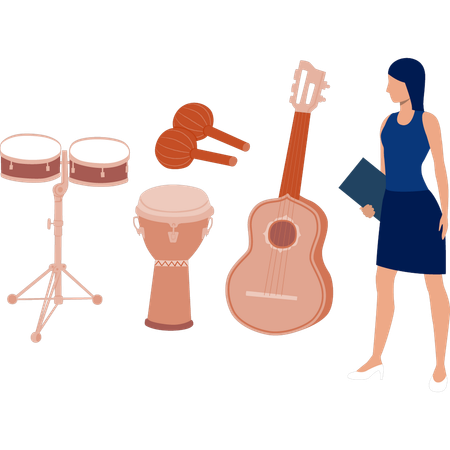 Menina olhando para instrumentos musicais  Ilustração