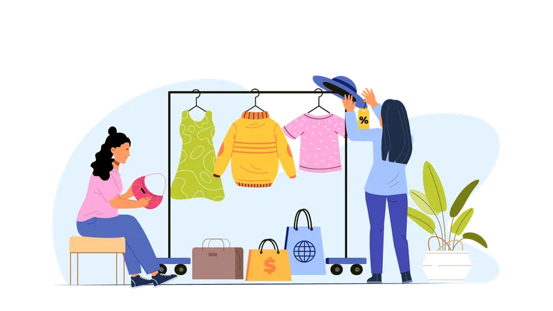 Meninas fazendo compras em loja de moda  Ilustração