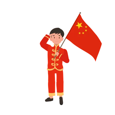 Menino com vestido tradicional chinês, segurando a bandeira vermelha  Ilustração