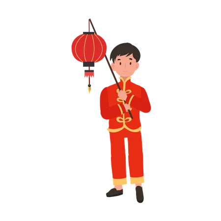 Menino com vestido tradicional chinês segurando uma lanterna vermelha  Ilustração