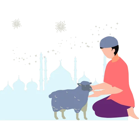 Menino está brincando com um animal Eid  Ilustração