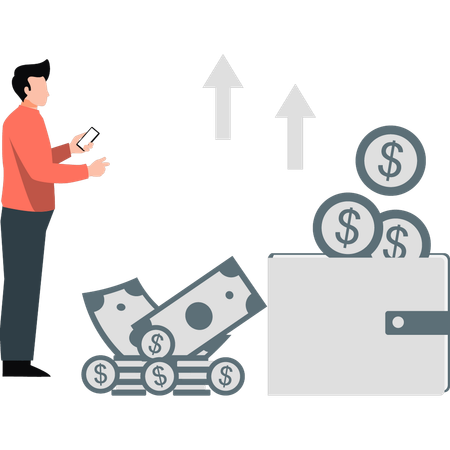 Garoto está economizando dinheiro na carteira digital  Ilustração