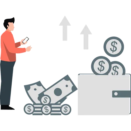 Garoto está economizando dinheiro na carteira digital  Ilustração