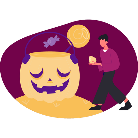 Menino mostrando abóbora de Halloween  Ilustração