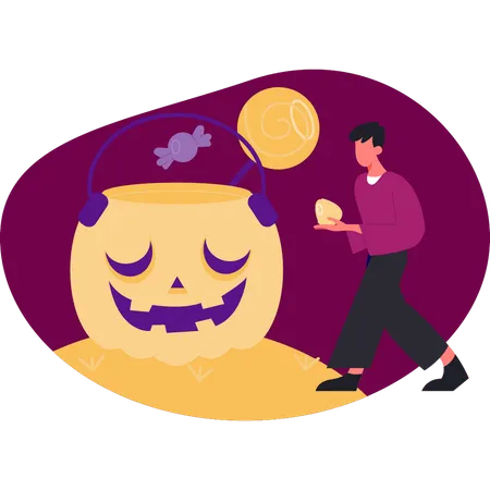 Menino mostrando abóbora de Halloween  Ilustração